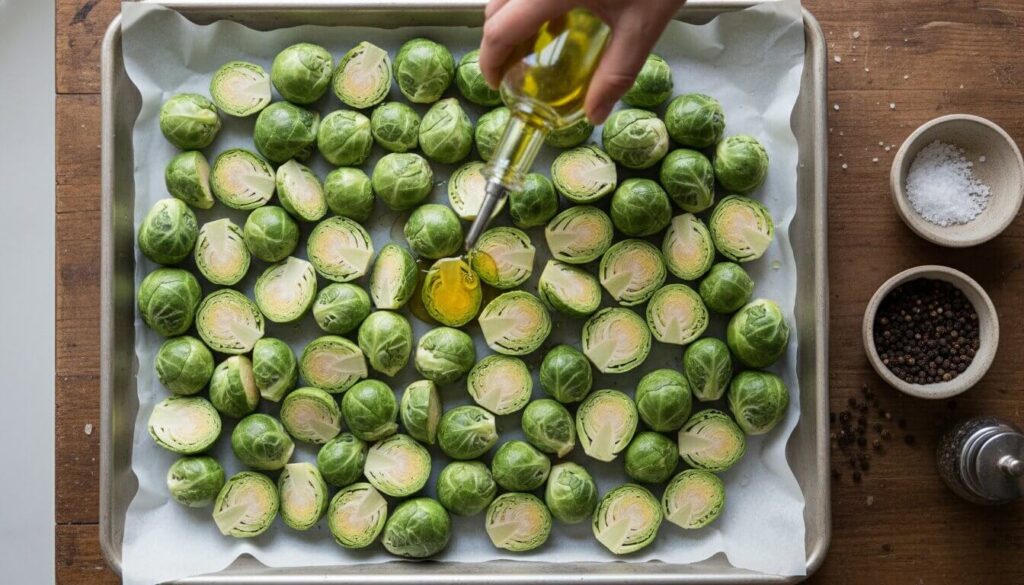 Freshly cut Brussels sprouts on a baking sheet being drizzled with olive oil.