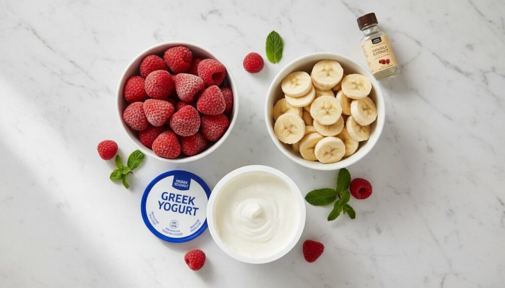 Ingredients for 3 ingredient strawberry ice cream including bananas and yogurt.