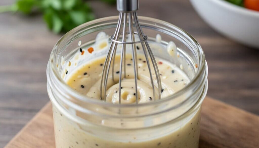 Whisking homemade sesame vinaigrette for cucumber salad.