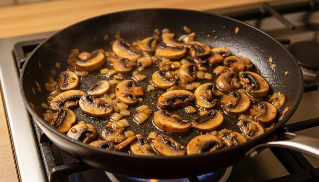 Sliced Cremini mushrooms caramelizing in a pan with olive oil and diced shallots.