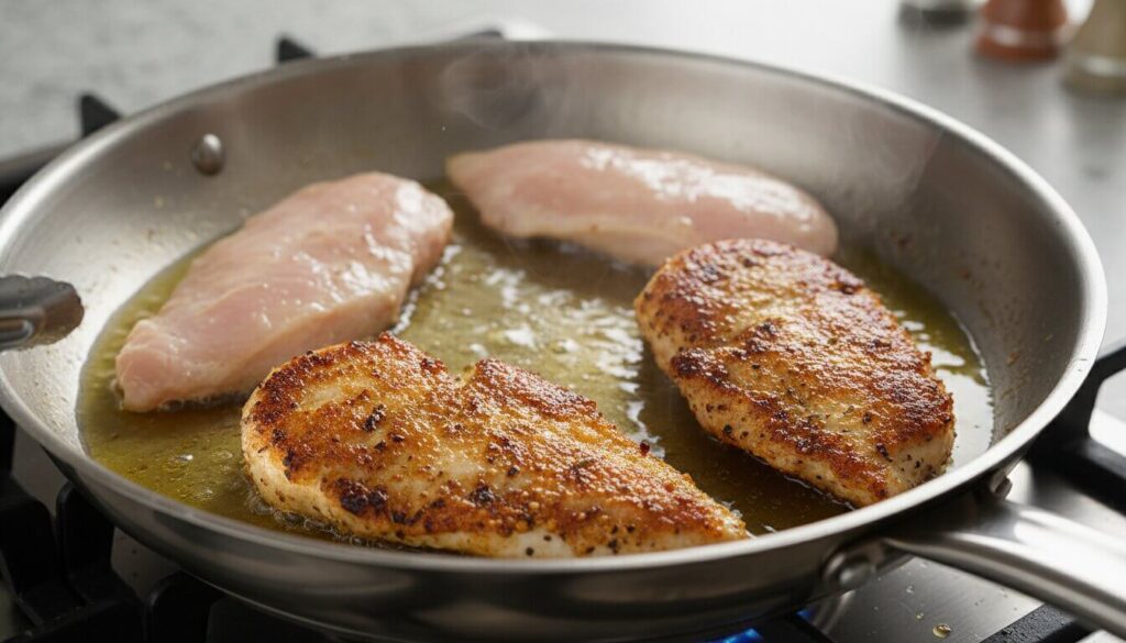 Searing chicken medallions in a skillet to create a golden crust for flavor.