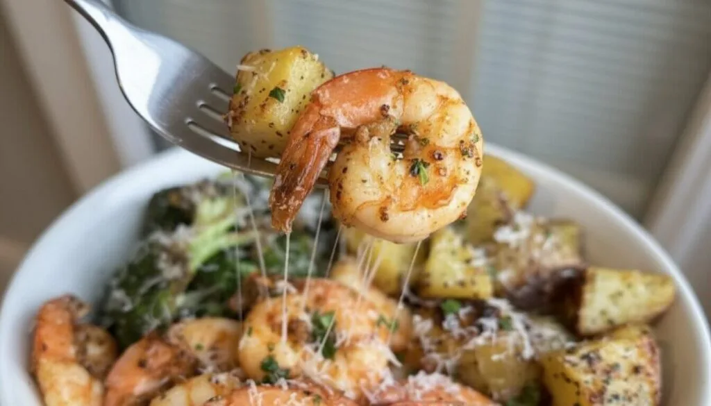 A fork picking up a garlic parmesan shrimp and a roasted potato.