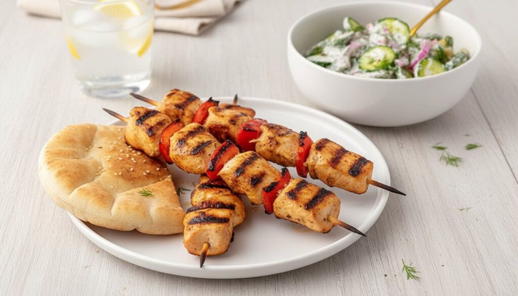 Serving suggestion for creamy cucumber salad with grilled Mediterranean chicken.