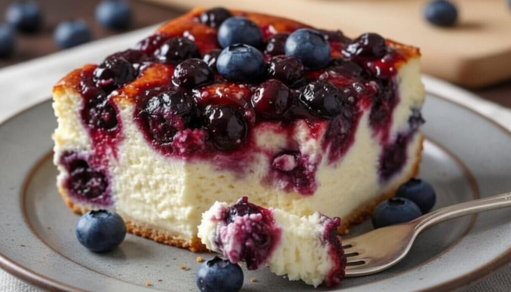 Close-up of the creamy texture of a blueberry cheesecake breakfast slice.