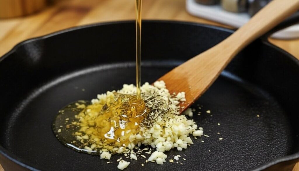 Pouring honey lemon garlic glaze into a cooking pan.