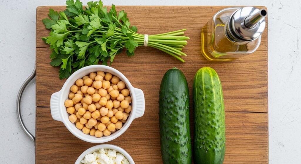 Ingredients for Mediterranean Chickpea Salad including chickpeas, lemon, olive oil, and fresh vegetables.