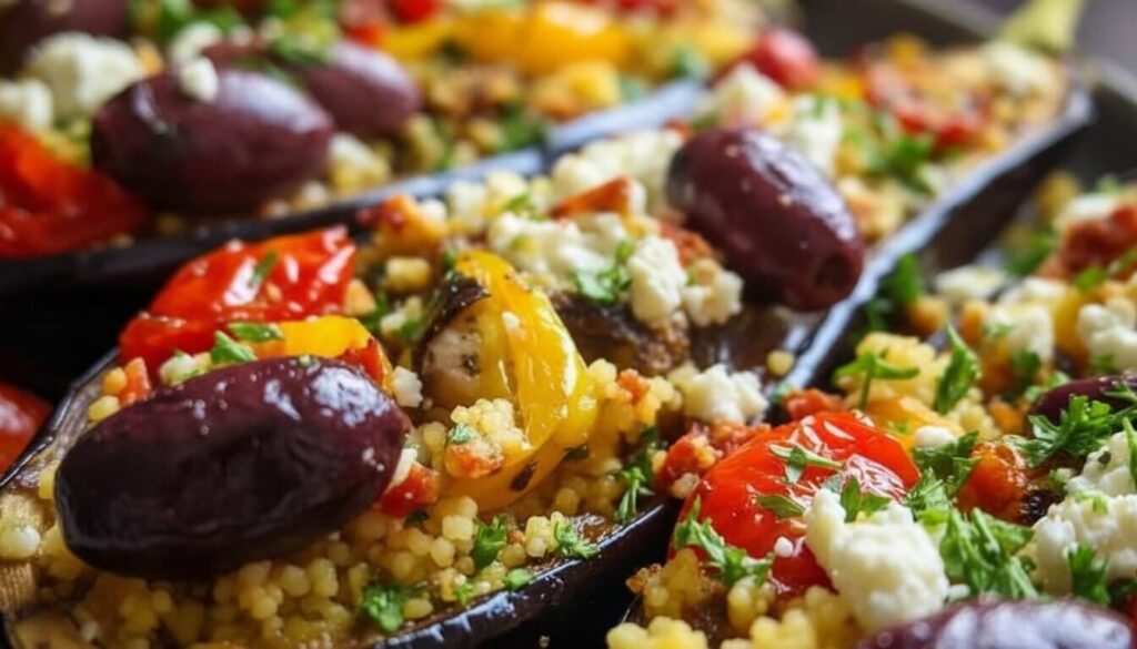 Close up of herbed couscous filling inside roasted eggplant.