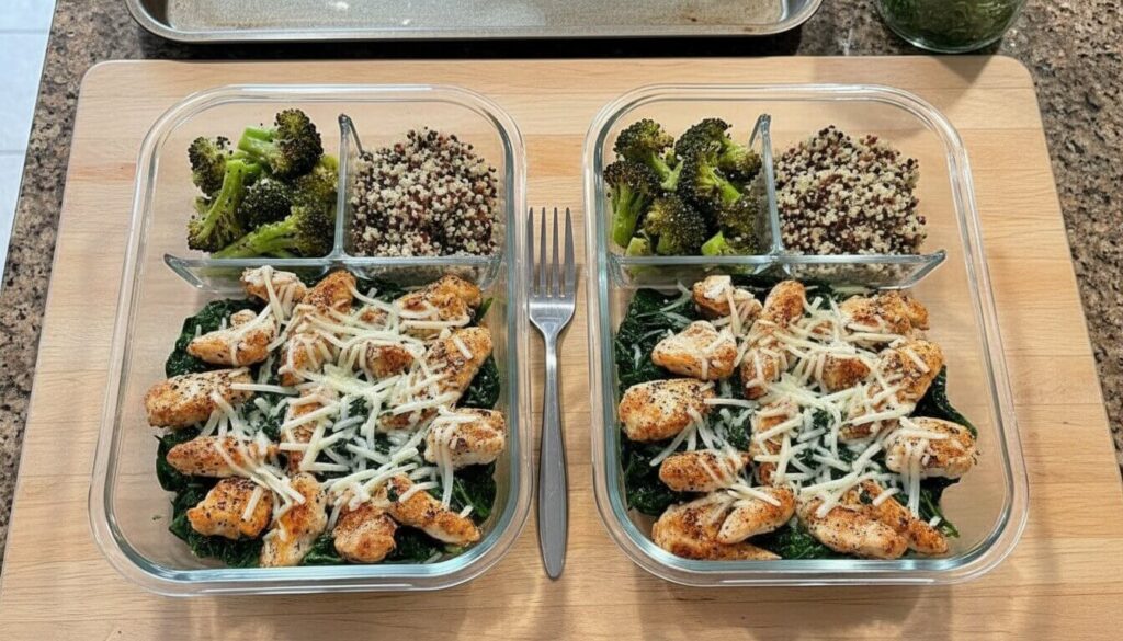 Spinach chicken tenders meal prep containers with quinoa and broccoli.