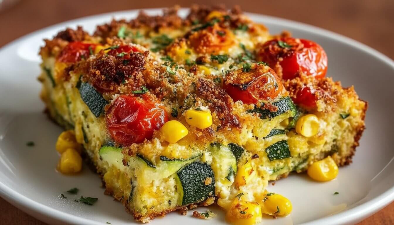 Close-up of a zucchini tomato bake with a crispy parmesan crust in a white baking dish.