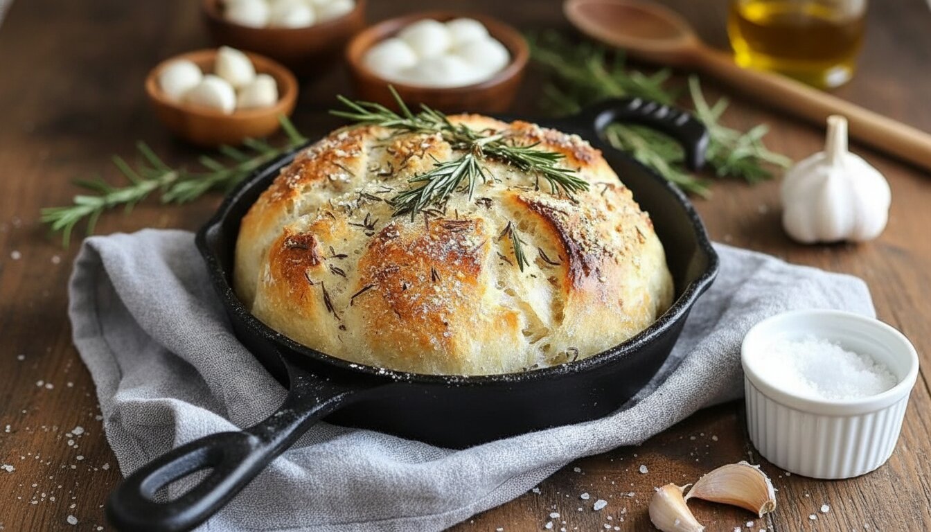 Freshly baked rustic no knead rosemary garlic bread with a golden crust.