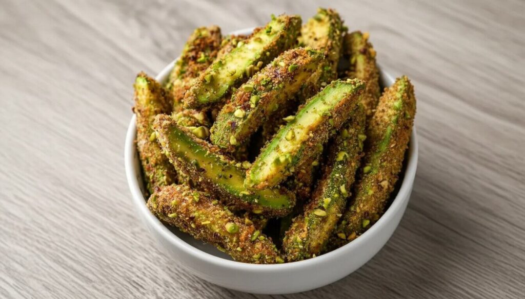 Mediterranean avocado fries recipe with pistachio crust and Tzatziki sauce.