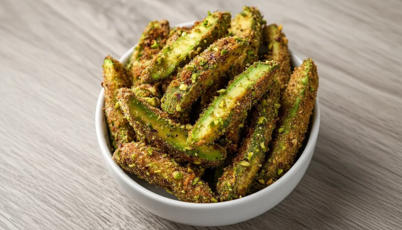 Mediterranean avocado fries recipe with pistachio crust and Tzatziki sauce.