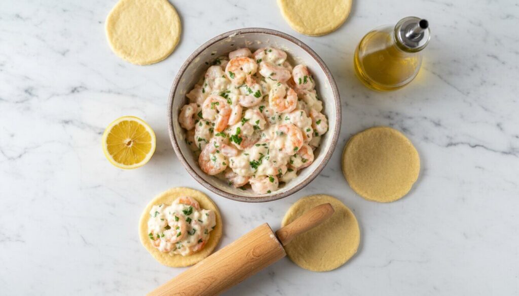 Ingredients for healthy seafood melts including Greek yogurt, shrimp, and crab.
