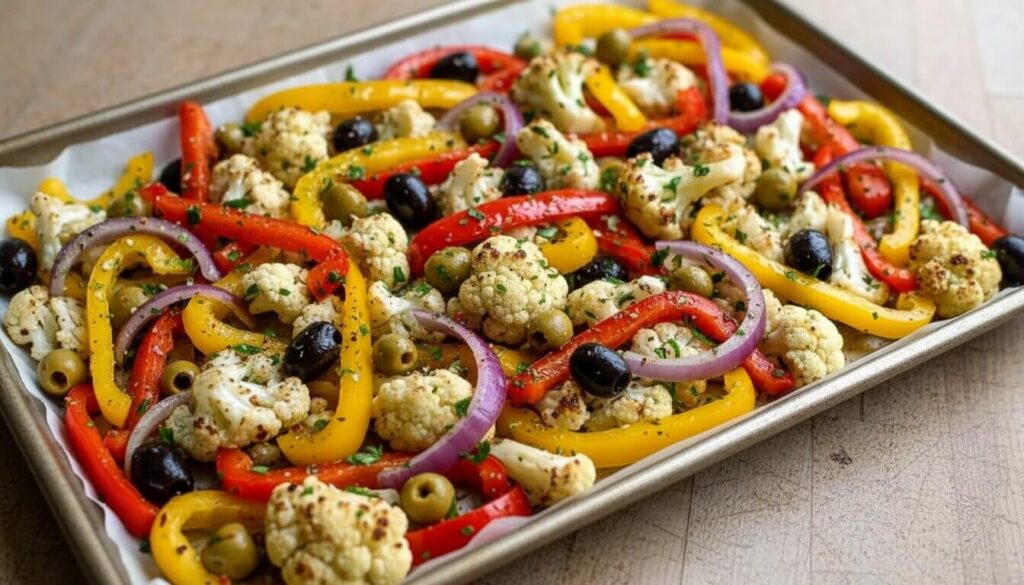 Raw vegetables prepared for roasted cauliflower salad.