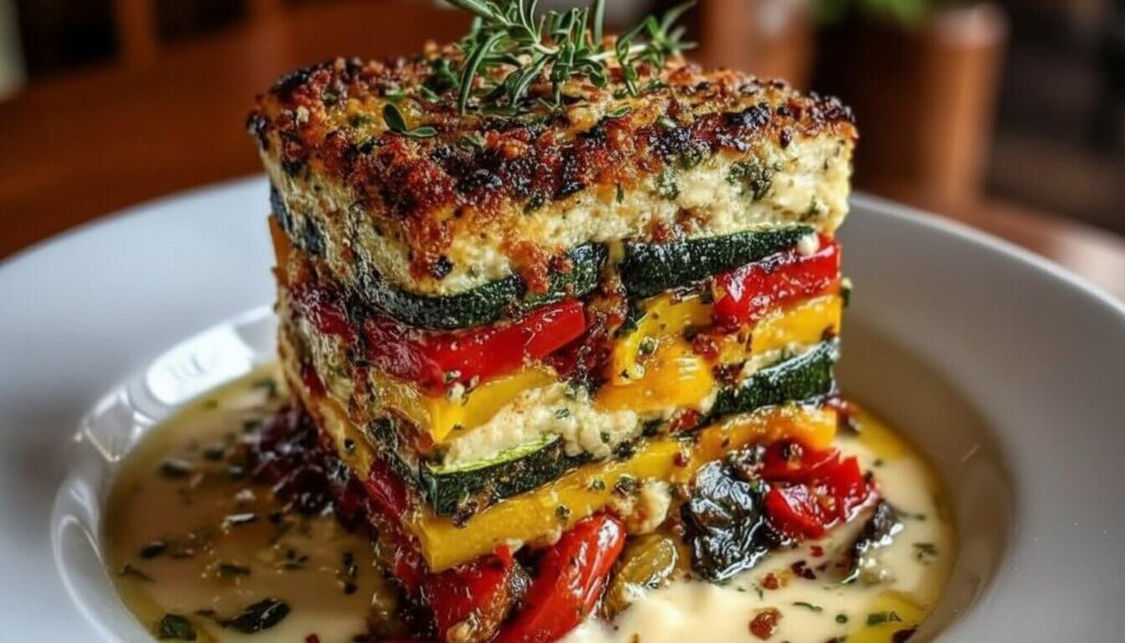 Close-up cross-section of layered Mediterranean eggplant zucchini and bell pepper lasagna showing colorful vegetable layers.