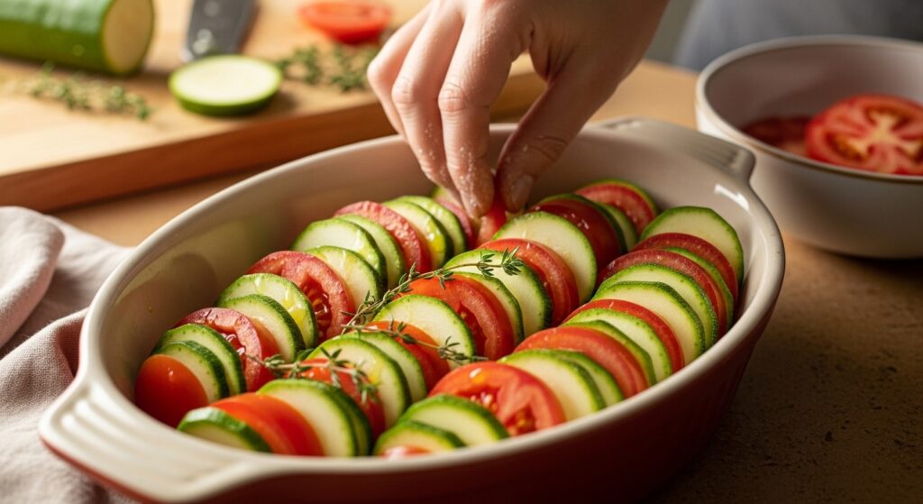 Hands layering tomato and zucchini slices in a baking dish.