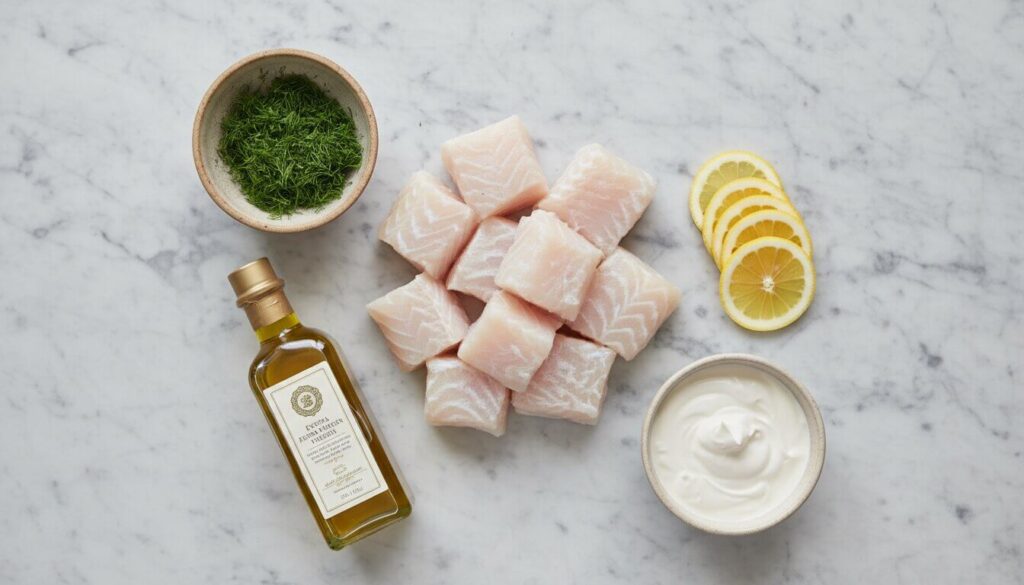 Ingredients for Lemon Butter Cod Cubes including fresh fish, lemon, and dill.
