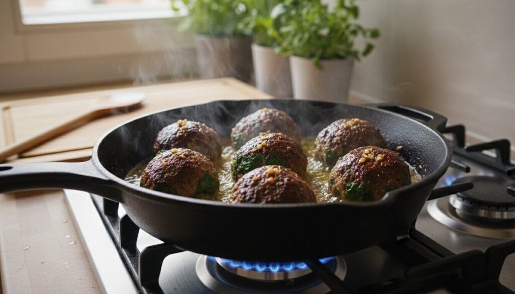 Searing spinach garlic meatballs in a cast iron skillet.