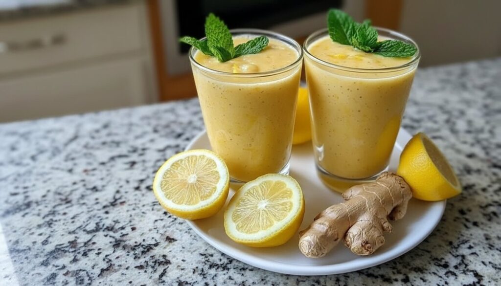Fresh lemon-ginger smoothie in a glass garnished with lemon, styled with Mediterranean ingredients.