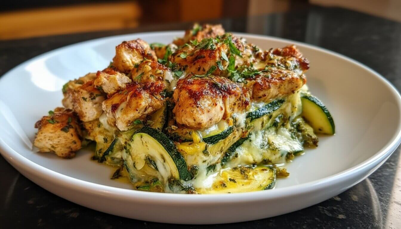 A spatula lifting a generous square of the chicken zucchini casserole out of the baking dish, showing a long string of melted mozzarella cheese and layers of chicken.