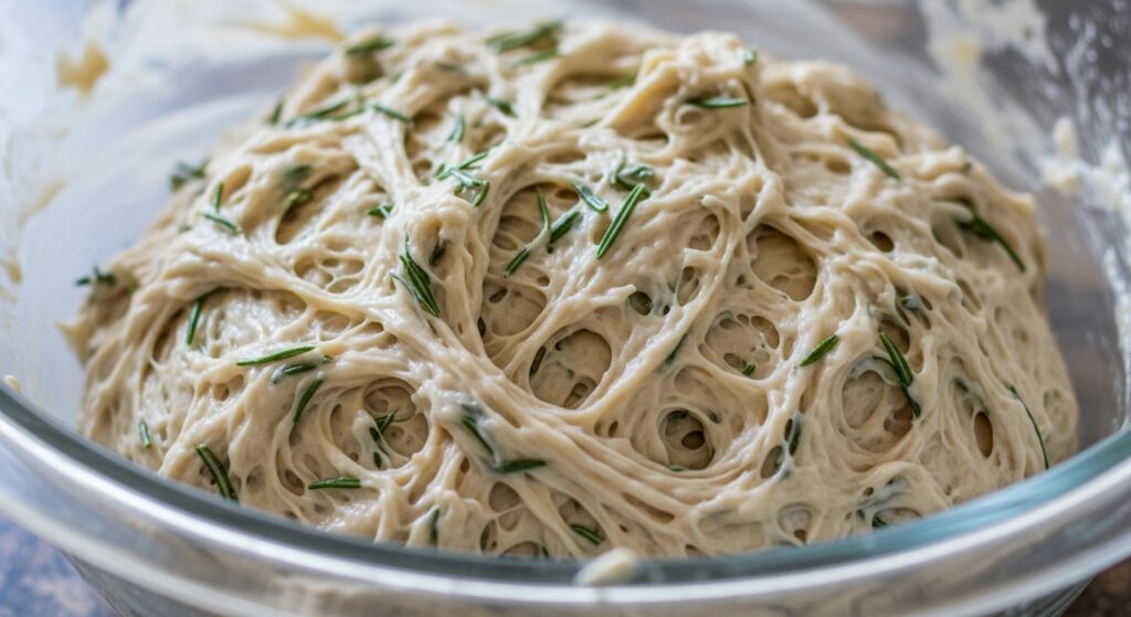 Sticky no knead bread dough mixed in a glass bowl.