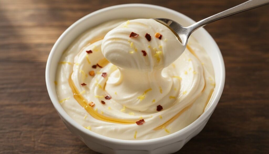 Whipped feta cream sauce with hot honey and lemon zest in a bowl.