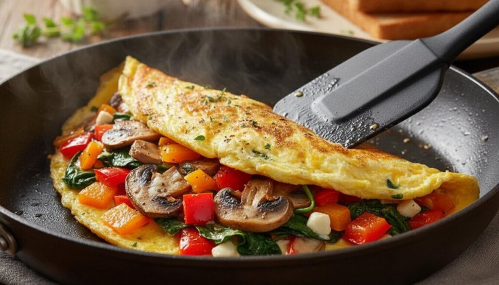 How to fold a fluffy veggie omelette without breaking.