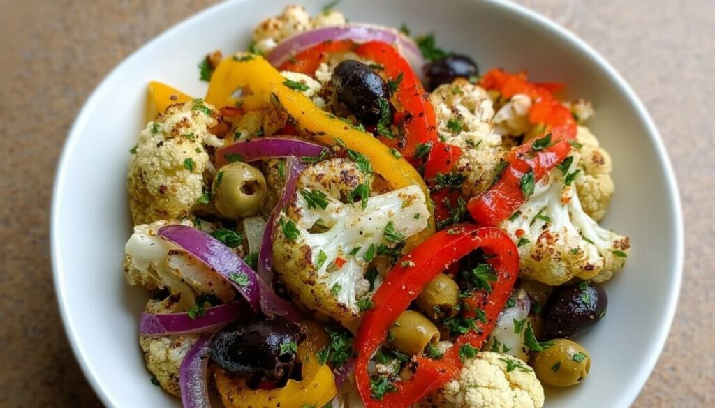 Roasted Mediterranean cauliflower salad with olives and peppers.