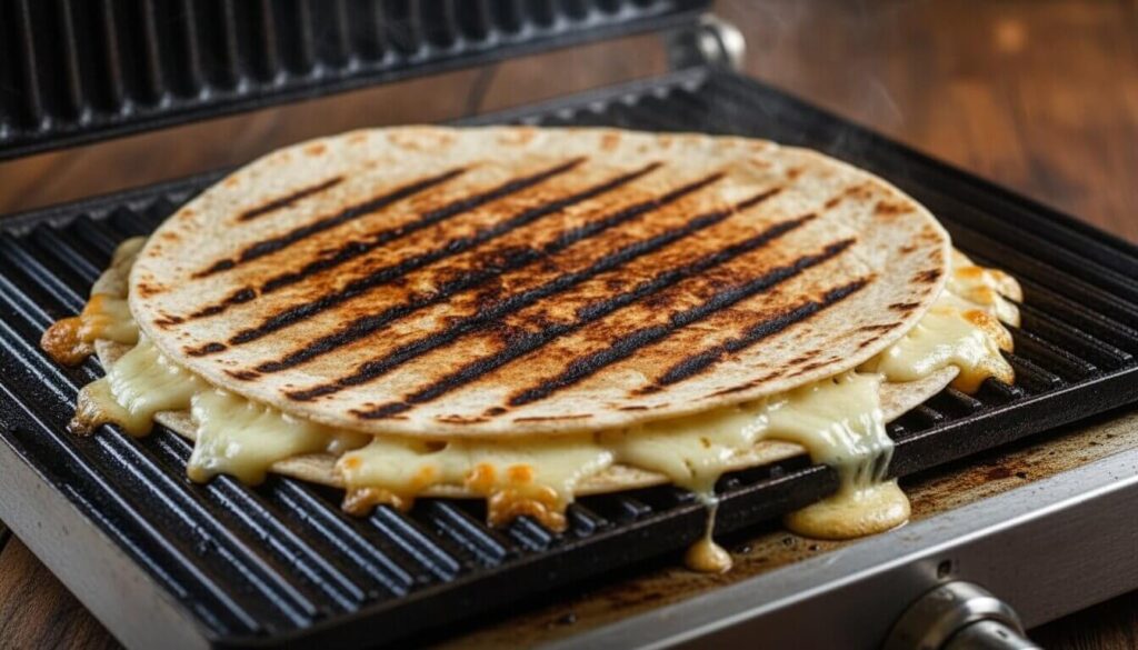 Crispy whole wheat grilled steak quesadilla with perfect char marks.