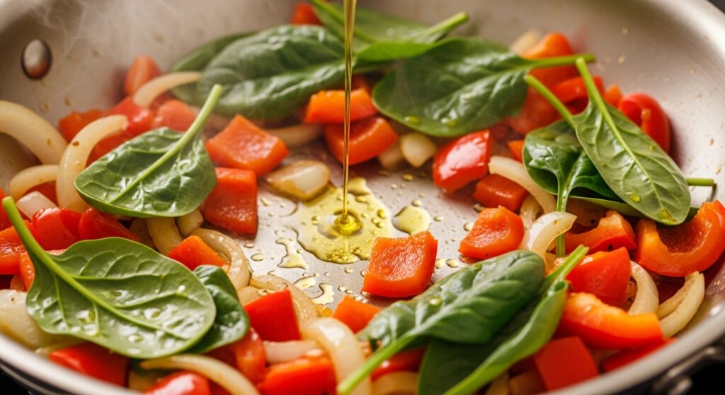 Sautéing red peppers and spinach for a healthy crustless quiche recipe.