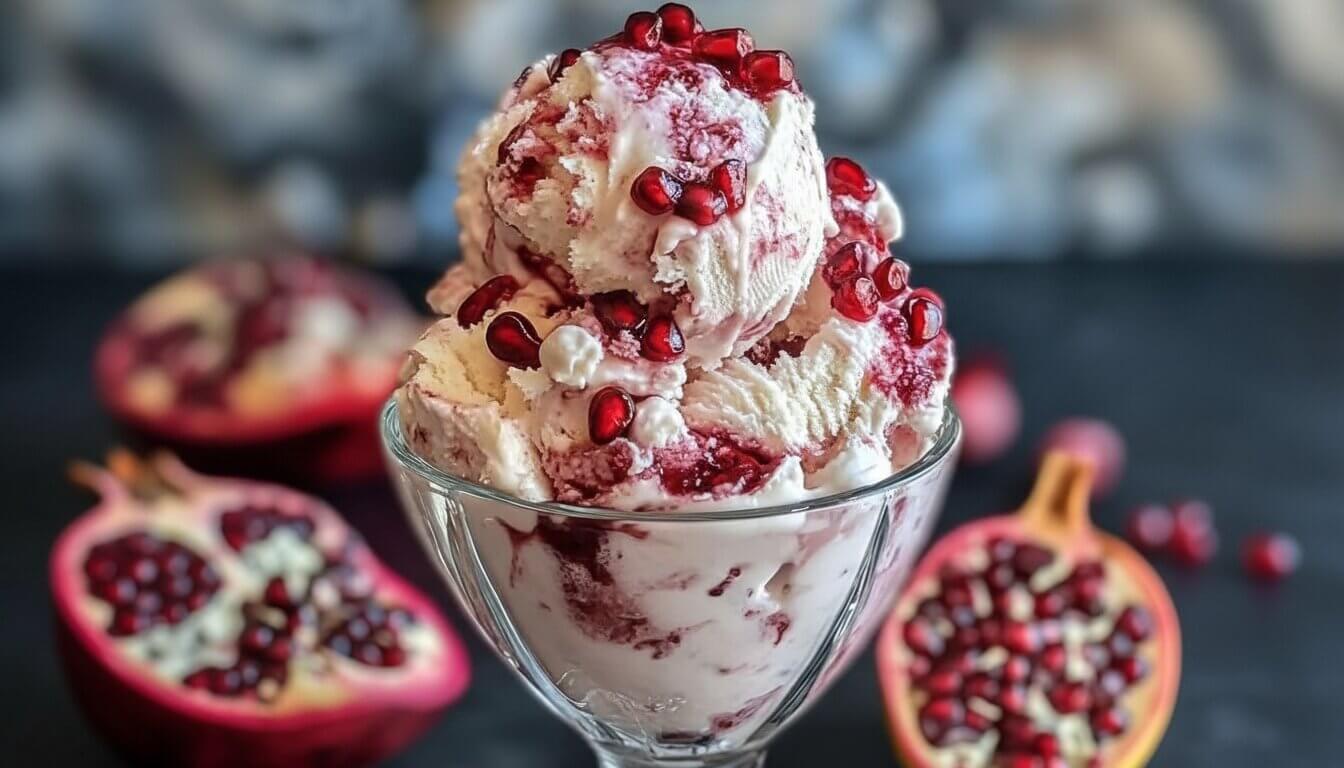 A glass bowl of no-churn pomegranate swirl ice cream garnished with fresh arils.