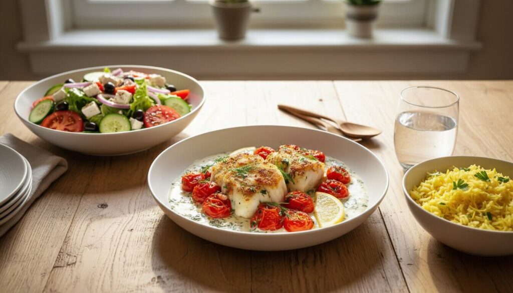 oven baked cod with herbs served with mediterranean sides