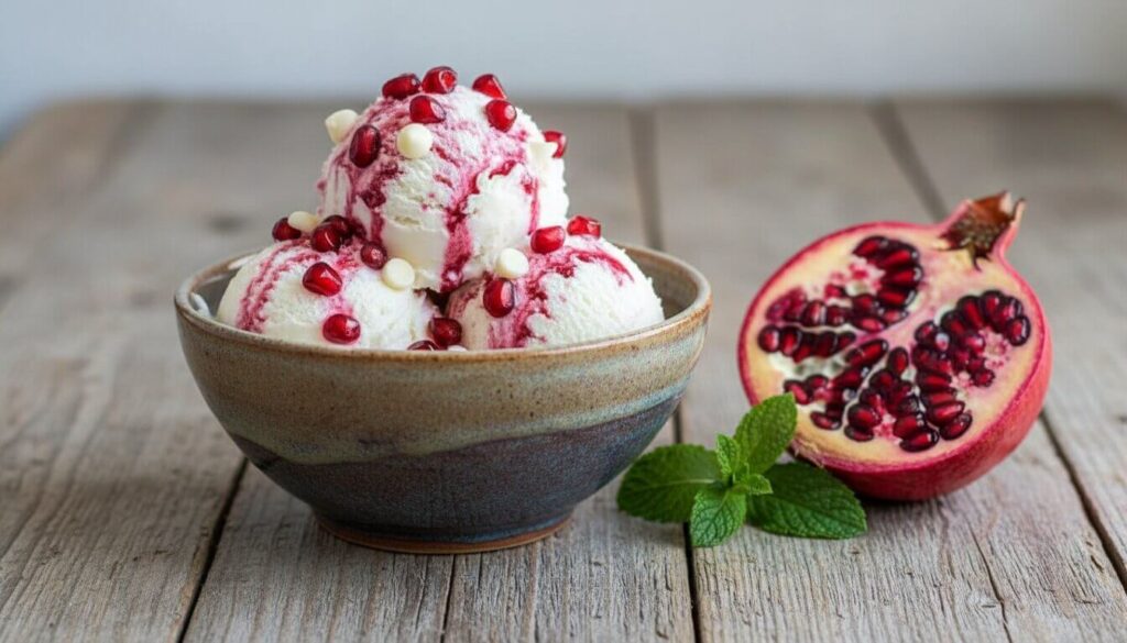 Serving of pomegranate ice cream next to fresh Mediterranean fruit.
