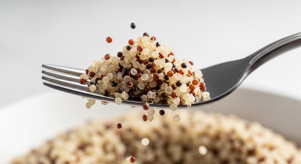 Perfectly cooked fluffy white quinoa in a saucepan.