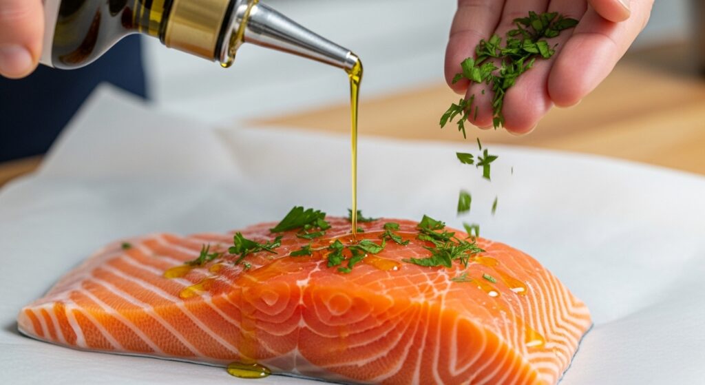 Seasoning raw salmon with olive oil and Mediterranean herbs.