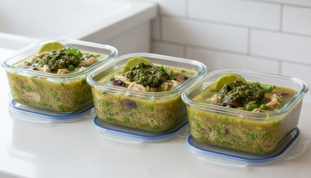 Three glass containers with chicken quinoa soup for weekly meal prep.