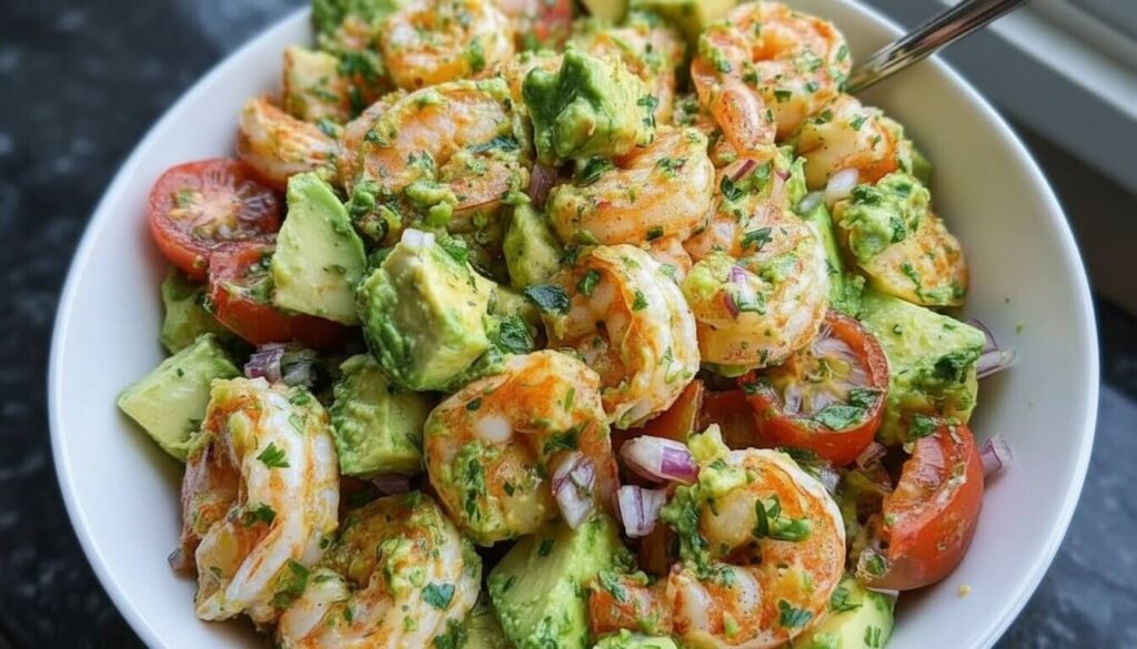 Mediterranean Shrimp Avocado Salad in a white bowl showing grilled shrimp and fresh vegetables.