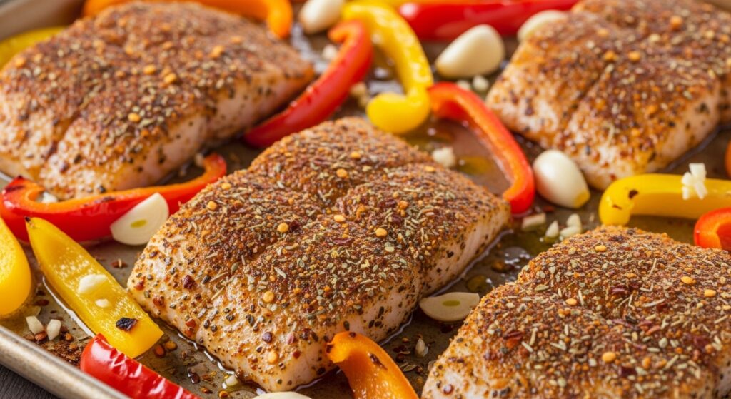 Seasoned halibut and peppers on a baking sheet before roasting.
