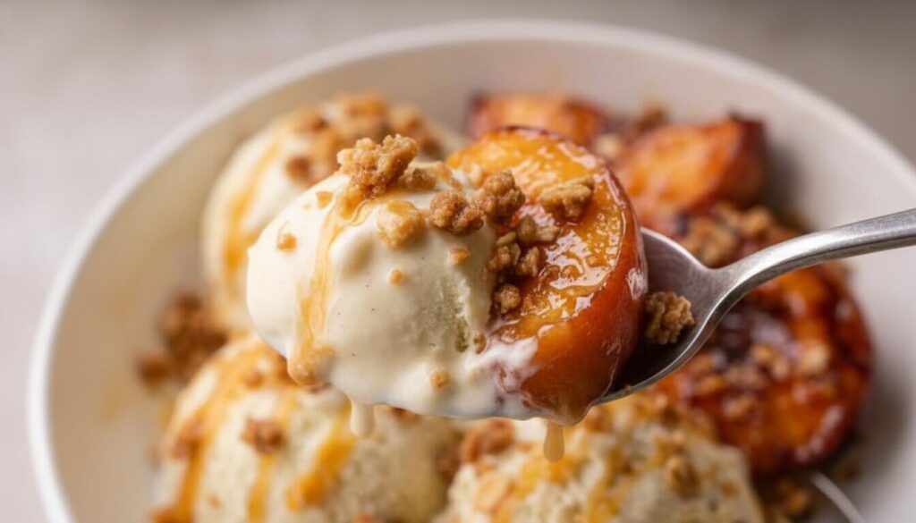 A spoon holding a bite of grilled peach and vanilla ice cream.