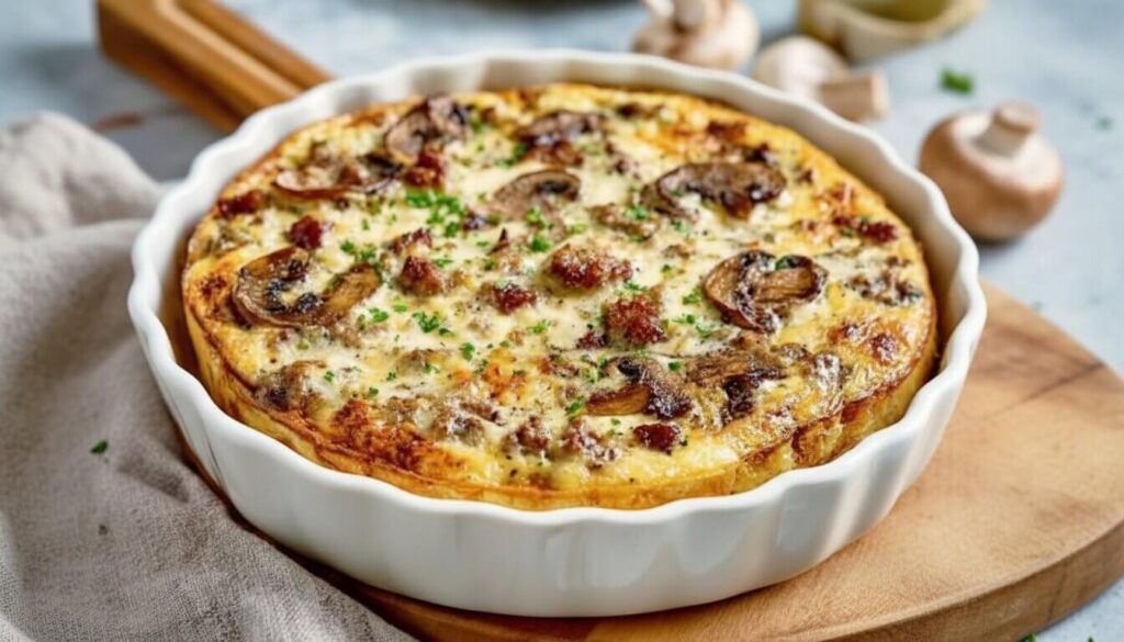 Top view of a crustless beef and mushroom quiche in a white baking dish.