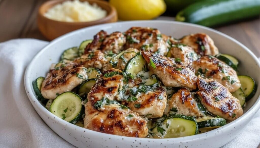 Close-up of Lemon Garlic Chicken and Zucchini Skillet with Parmesan and parsley garnish.