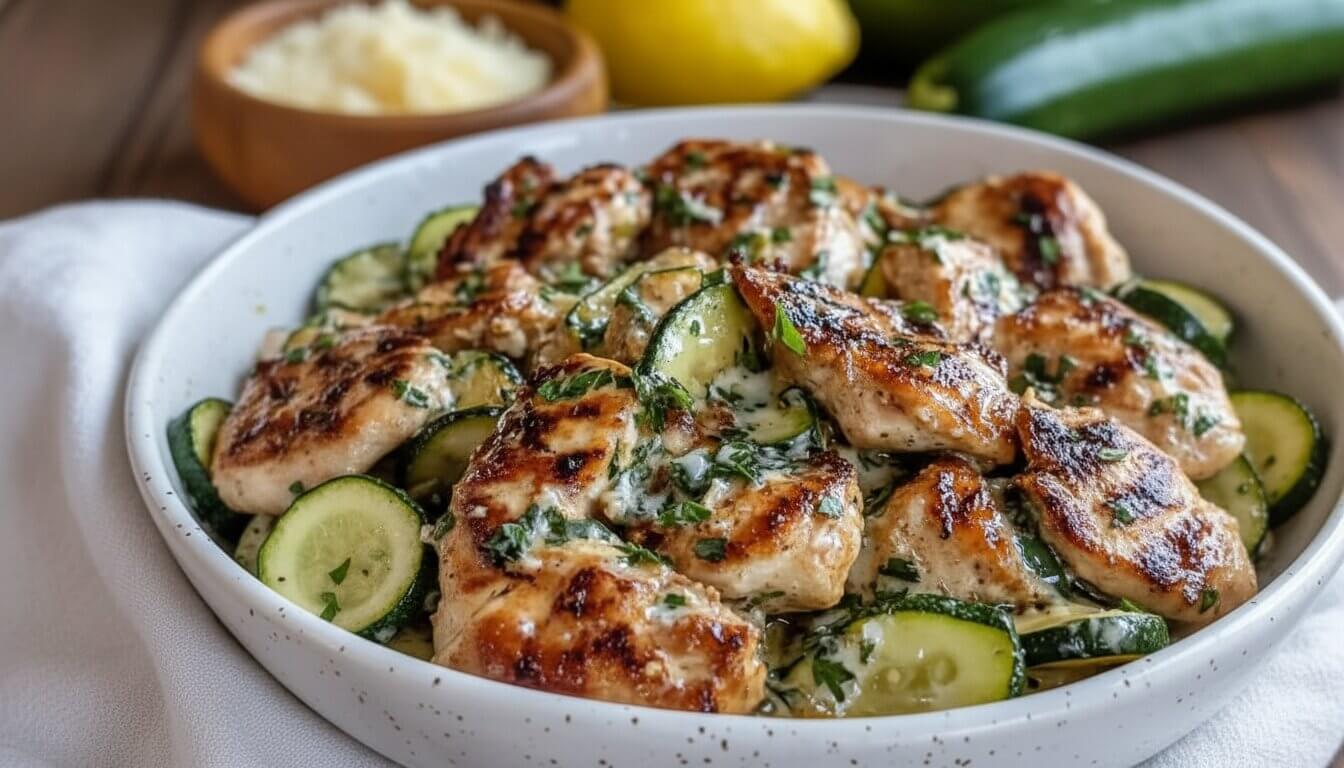 Close-up of Lemon Garlic Chicken and Zucchini Skillet with Parmesan and parsley garnish.