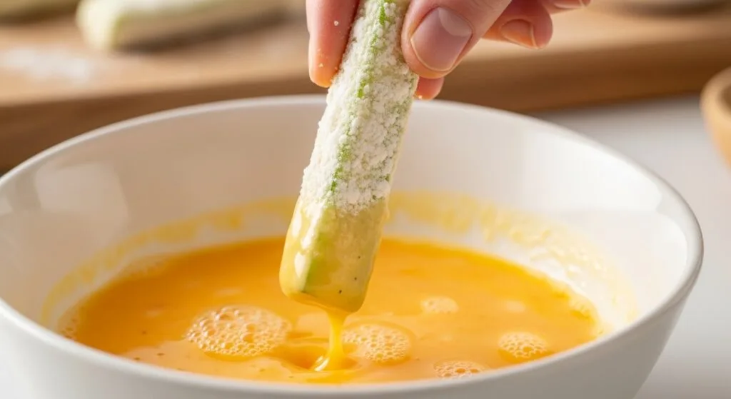 Step-by-step breading process for zucchini fries showing egg wash dip.