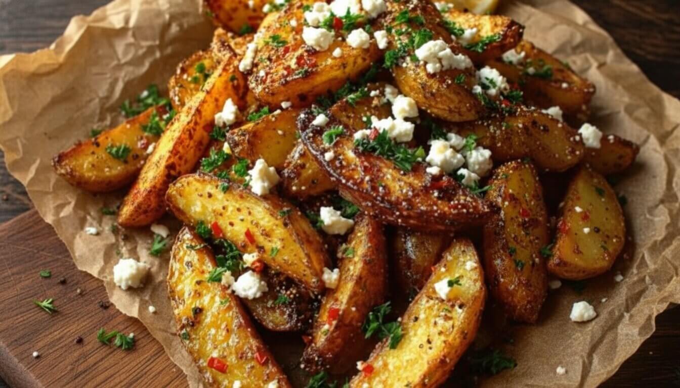 Close-up of crispy Greek potato wedges with feta, parsley, and lemon wedges on a rustic platter.