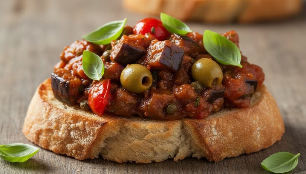 ggplant caponata served as an appetizer on toasted bread