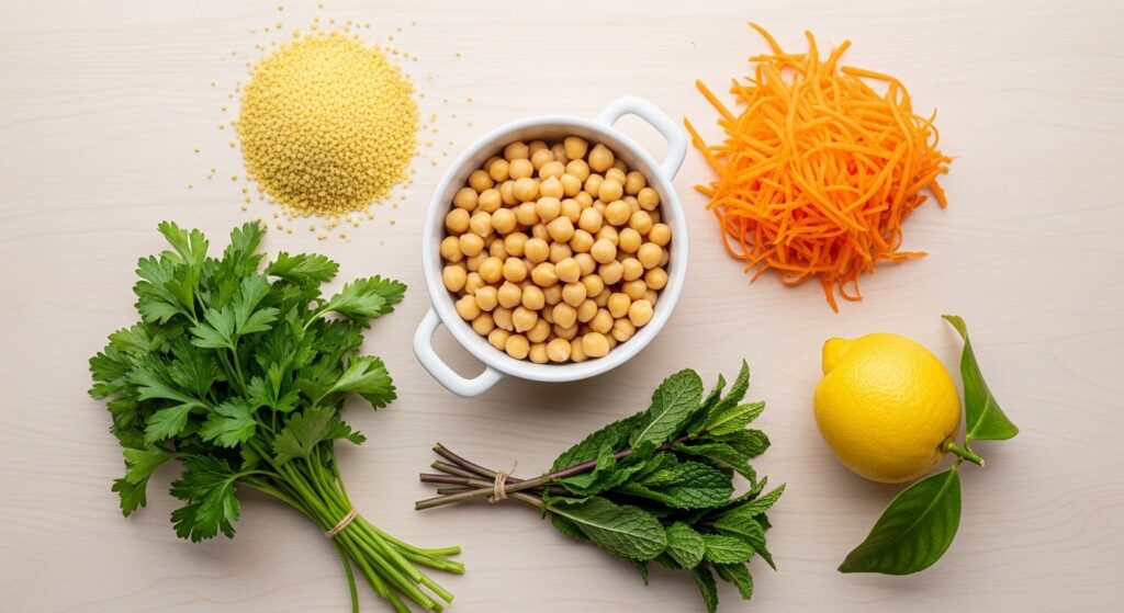 Ingredients for chickpea couscous salad including fresh vegetables and herbs.