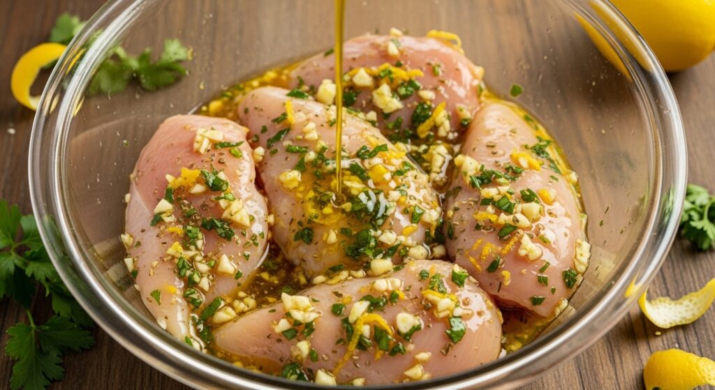 Raw chicken breasts soaking in a Mediterranean lemon, garlic, and herb marinade in a glass bowl.
