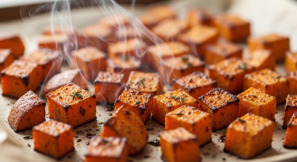 Oven-roasted sweet potatoes on a baking sheet, seasoned with Mediterranean spices for vegetarian tacos.