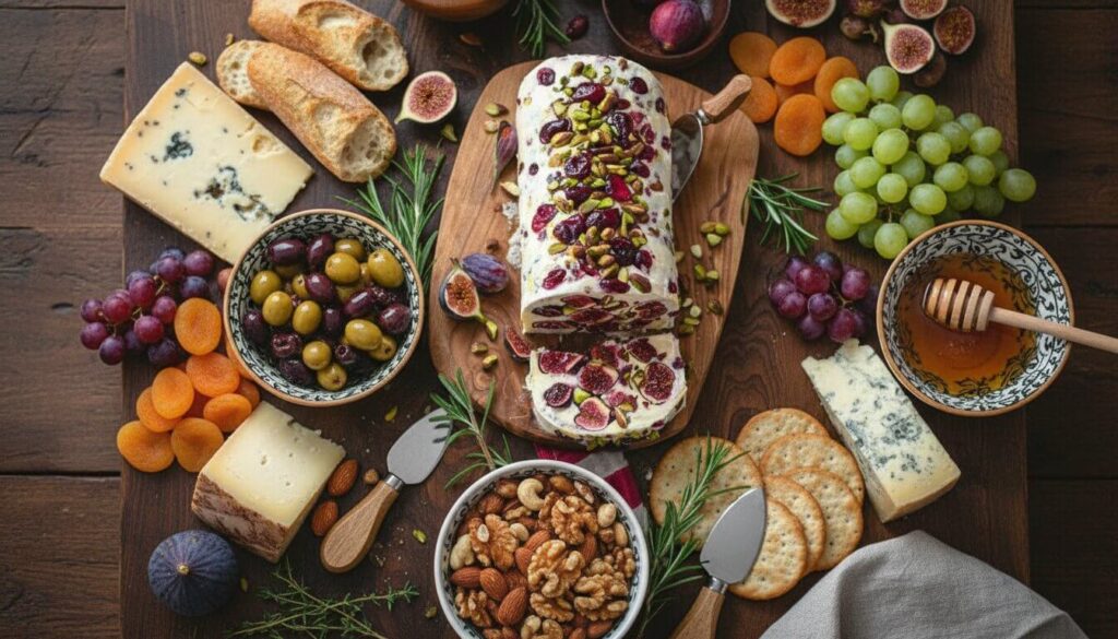 pistachio cranberry cheese log on wooden board