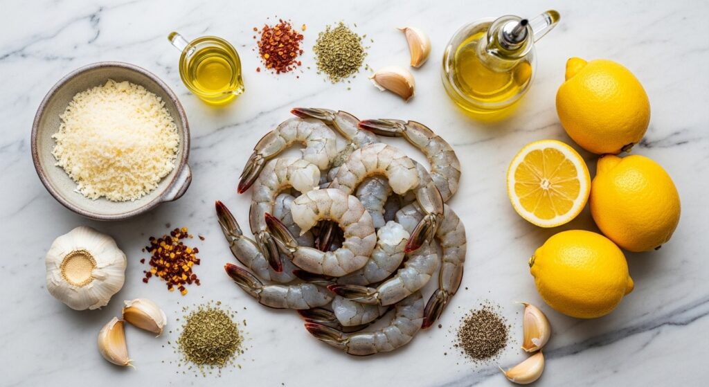 Fresh ingredients for Garlic Parmesan Baked Shrimp including raw seafood, cheese, and lemon.
